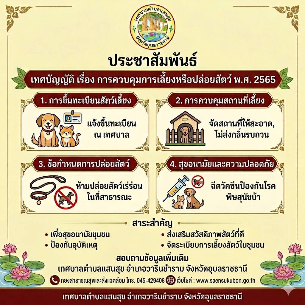 เทศบาลตำบลแสนสุข ขอความร่วมมือประชาชนปฏิบัติตามเทศบัญญัติการควบคุมการเลี้ยงสัตว์